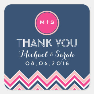 Navy Blue Pink Chevron Wedding Thank You Sticker
