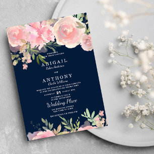 Navy blue pink coral green roses floral Wedding Invitation