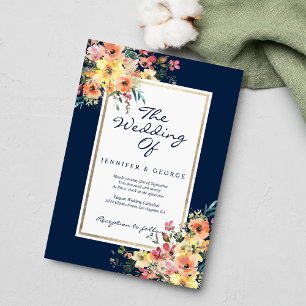 Navy blue pink coral orange floral country wedding invitation