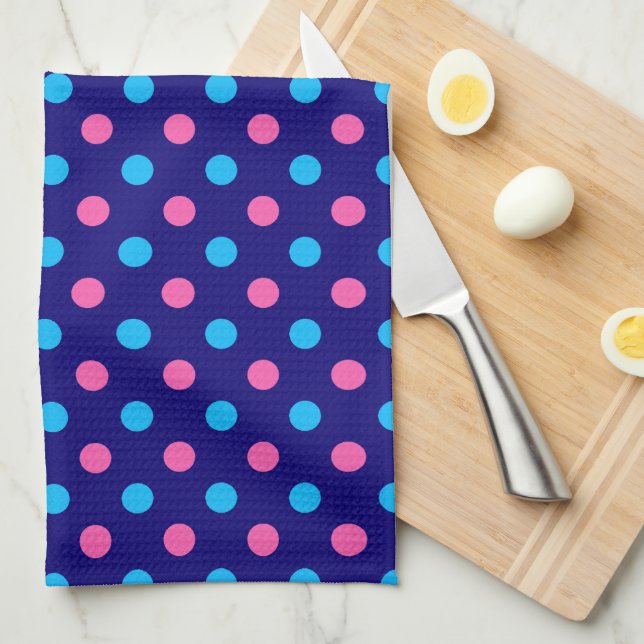 Navy Blue Pink Cyan Polka Dot Pattern Kitchen Towel (Quarter Fold)