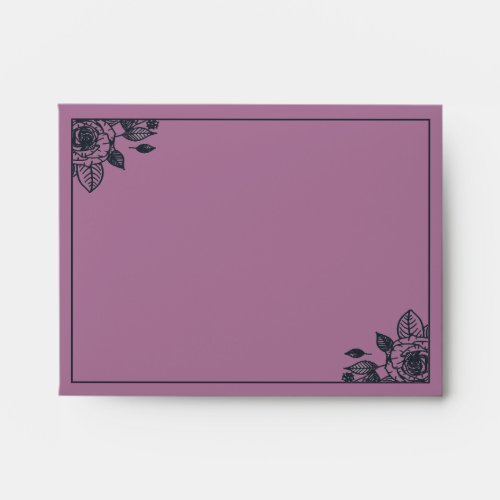 Navy Blue  Pink Delicate Rose Border  Wedding Envelope