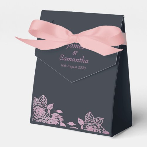 Navy Blue  Pink Delicate Rose Border  Wedding Favor Boxes