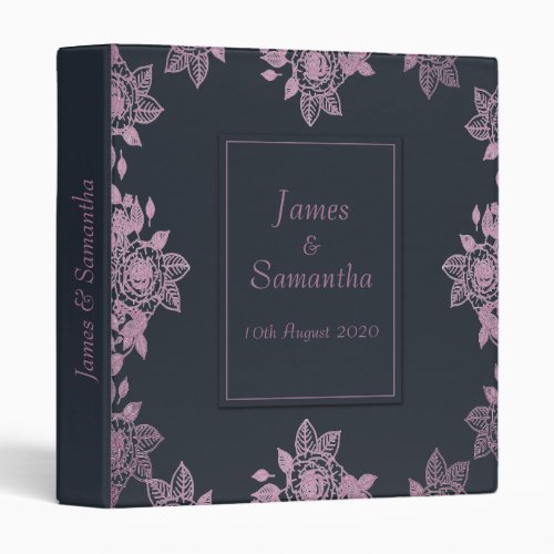 Navy Blue  Pink Delicate Rose  Wedding Album 3 Ring Binder