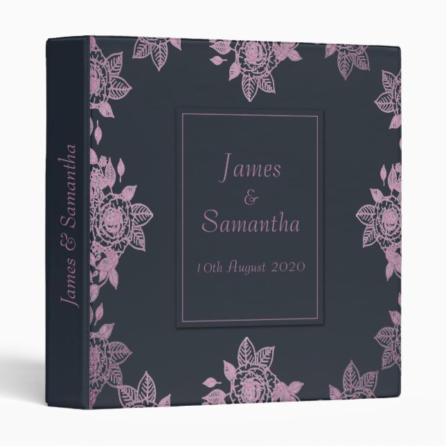 Navy Blue & Pink Delicate Rose | Wedding Album 3 Ring Binder (Front/Spine)