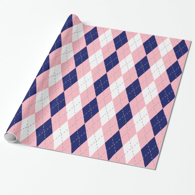 Navy Blue Pink Dk Gray Wht XL Argyle Wrapping Paper (Unrolled)