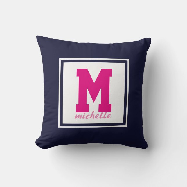 Navy Blue PINK DOTS Preppy  Monogram NAME Custom Throw Pillow (Front)