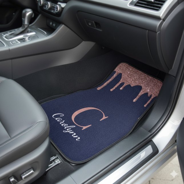 Navy Blue Pink Drips Monogram Car Floor Mat (Navy Blue Rose Gold Glitter Drips Monogram Car Floor Mat)