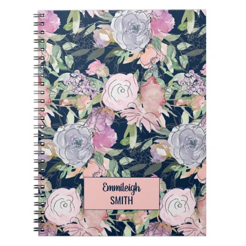 Navy Blue Pink Dusty Blue Line Art Floral Monogram Notebook