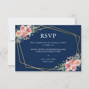 Navy Blue & Pink Dusty Rose Floral Wedding Online RSVP Card