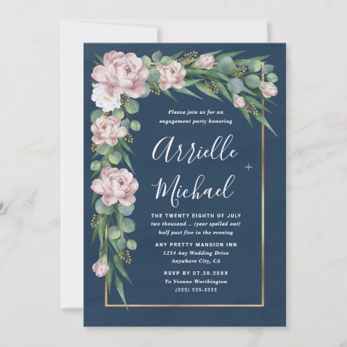 Navy Blue Pink Dusty Rose Gold Engagement Party Invitation