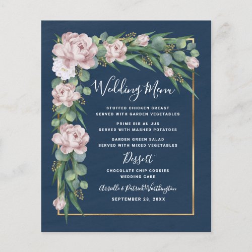 Navy Blue Pink Dusty Rose Gold Wedding Menu Cards