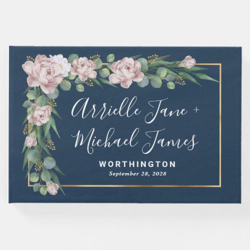 Navy Blue  Pink Dusty Rose Greenery Gold Wedding Guest Book