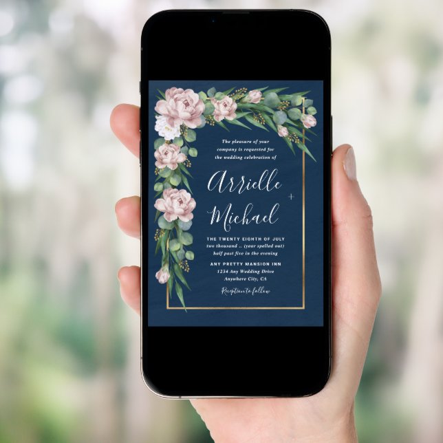 Navy Blue & Pink Dusty Rose Greenery Gold Wedding Invitation (Front Digital)