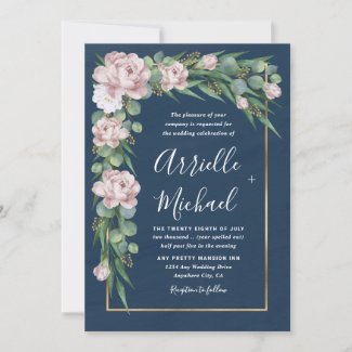 Navy Blue, Pink Dusty Rose Wedding Invitation with Greenery and Gold frame