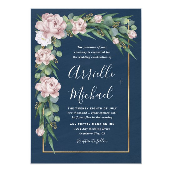Navy Blue & Pink Dusty Rose Greenery Gold Wedding Invitation