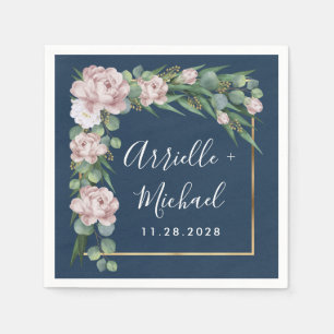 Navy Blue & Pink Dusty Rose Greenery Gold Wedding Napkins