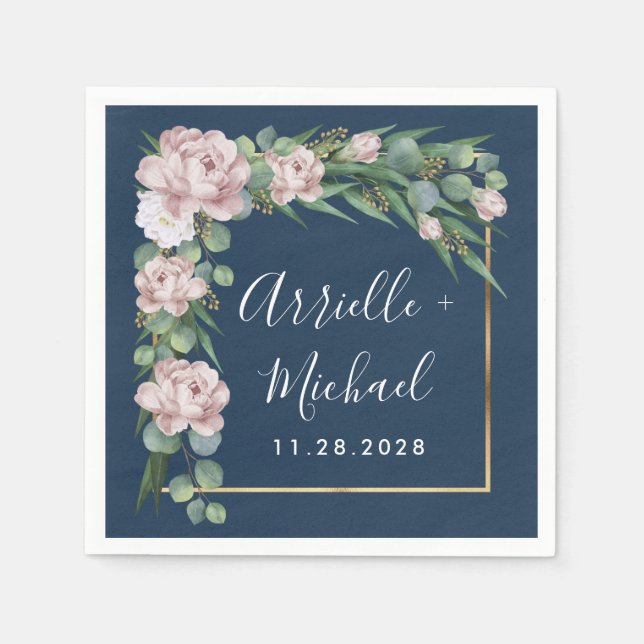 Navy Blue & Pink Dusty Rose Greenery Gold Wedding Napkins (Front)