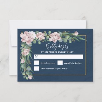 Navy Blue & Pink Dusty Rose Greenery Gold Wedding RSVP Card