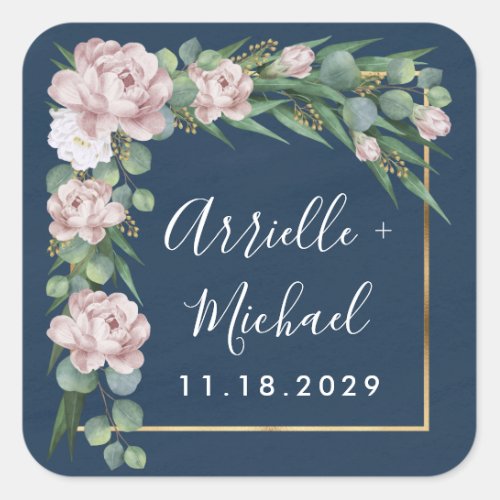 Navy Blue  Pink Dusty Rose Greenery Gold Wedding Square Sticker