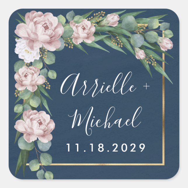 Navy Blue & Pink Dusty Rose Greenery Gold Wedding Square Sticker (Front)