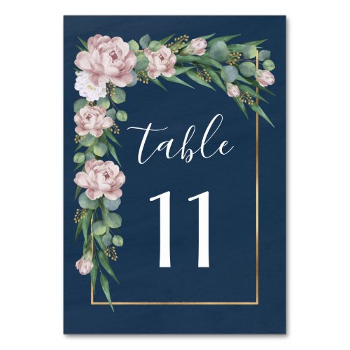 Navy Blue  Pink Dusty Rose Greenery Gold Wedding Table Number