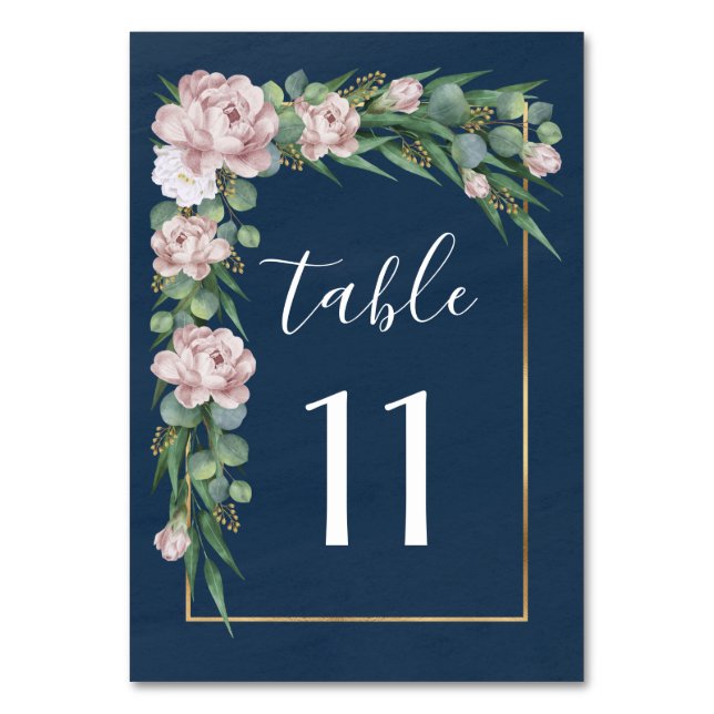 Navy Blue & Pink Dusty Rose Greenery Gold Wedding Table Number (Front)