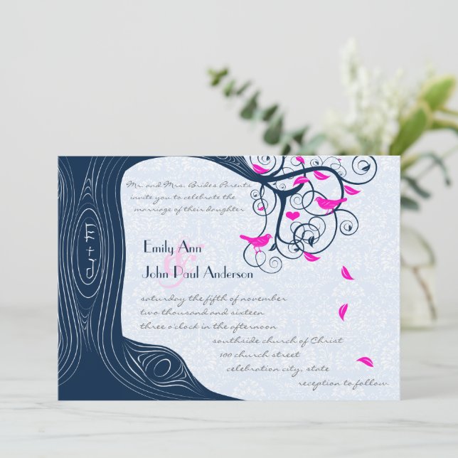 Navy Blue Pink Enchanted Forest Love Bird Wedding  Invitation (Standing Front)