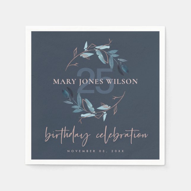 NAVY BLUE PINK FAUNA WREATH ANY AGE 25TH BIRTHDAY NAPKINS (Front)