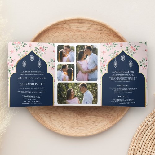 Navy Blue Pink Floral All in One Indian Wedding Tri_Fold Invitation