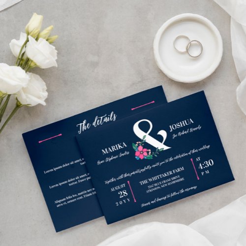 Navy Blue Pink Floral Ampersand 2 in 1 Wedding Invitation