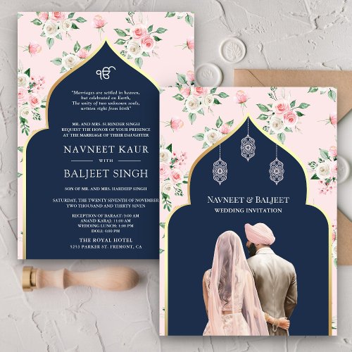 Navy Blue Pink Floral Anand Karaj Sikh Wedding Invitation