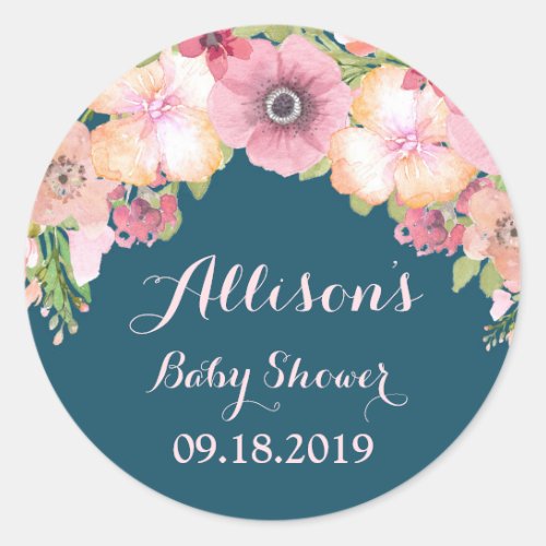 Navy Blue Pink Floral Baby Shower Tag