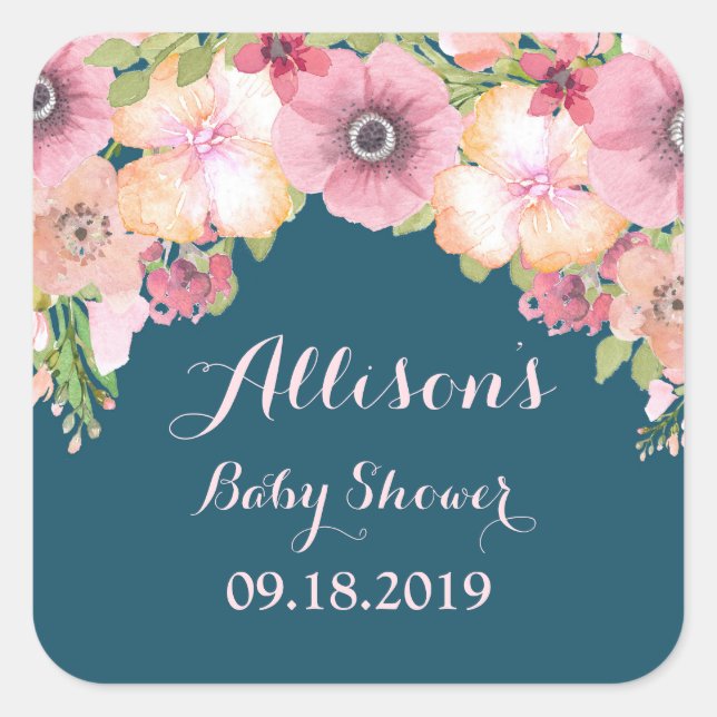 Navy Blue Pink Floral Baby Shower Tag (Front)