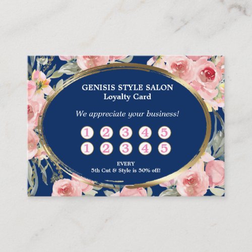 Navy Blue Pink Floral Beauty Salon Loyalty Card