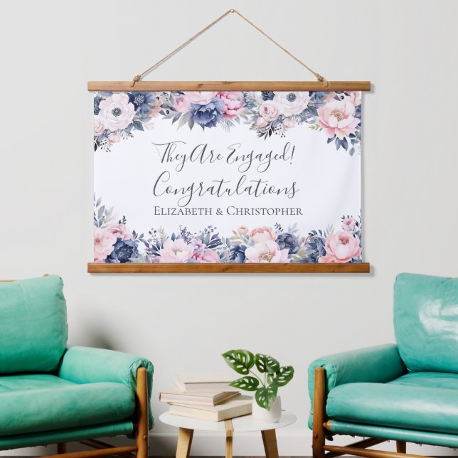 Navy Blue Pink Floral Botanical Engagement Banner Hanging Tapestry (Living Room)