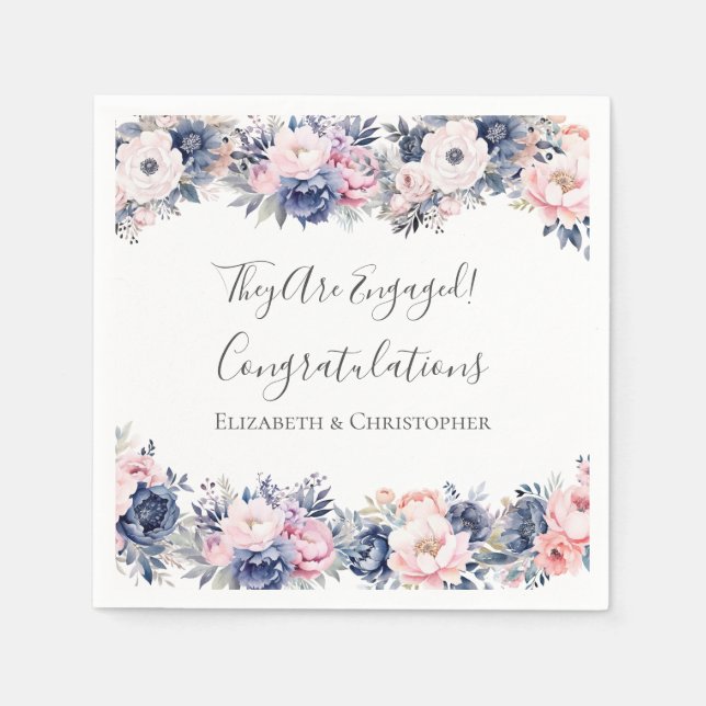Navy Blue Pink Floral Botanical Engagement Party Napkins (Front)