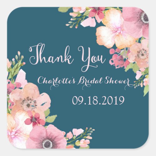 Navy Blue Pink Floral Bridal Shower Square Sticker