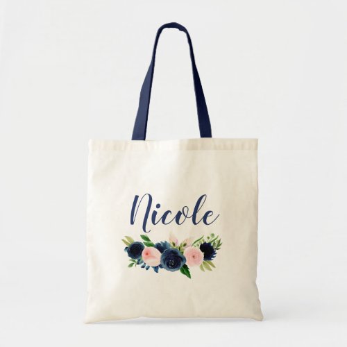 Navy Blue Pink Floral Bridesmaid Tote Bag