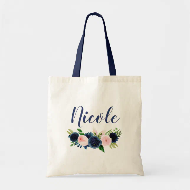 Navy Blue Pink Floral Bridesmaid Tote Bag | Zazzle