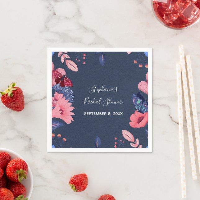 Navy Blue Pink Floral Butterflies Bridal Shower Napkins (Insitu)