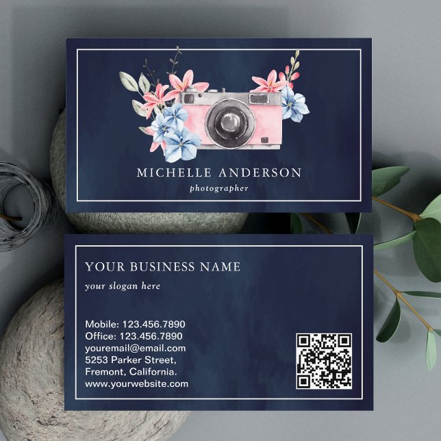 Navy Blue Pink Floral Camera QR Code Photographer Business Card (Creator Uploaded)