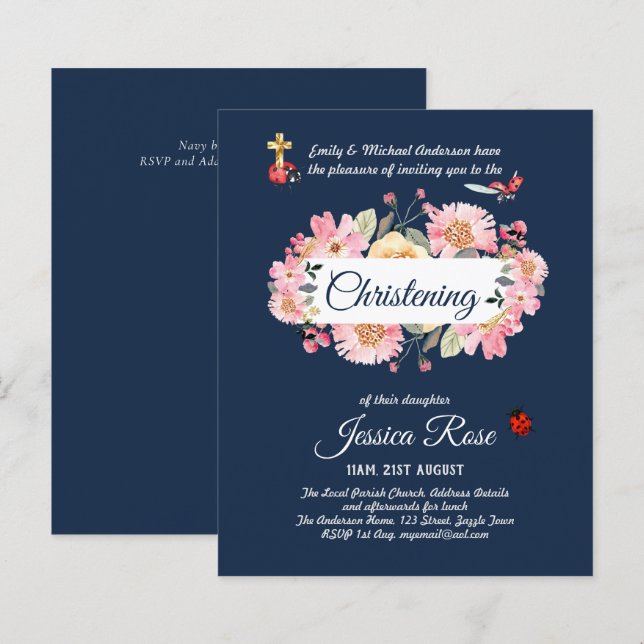 Navy Blue Pink Floral Christening Invites Baptism  (Front/Back)