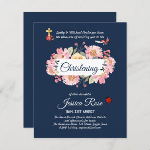 Navy Blue Pink Floral Christening Invites Baptism