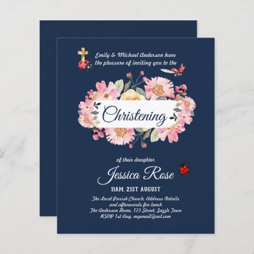 Navy Blue Pink Floral Christening Invites Baptism 