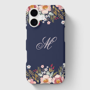 Navy Blue Pink Floral Custom Initial Monogram iPhone 17 Case