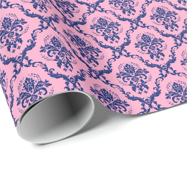Navy Blue & Pink Floral Damasks Pattern Wrapping Paper (Roll Corner)