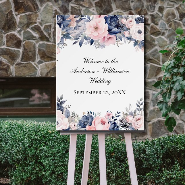 Navy Blue Pink Floral Flowers Wedding Welcome Sign (Navy Blue pink floral wedding welcome sign)