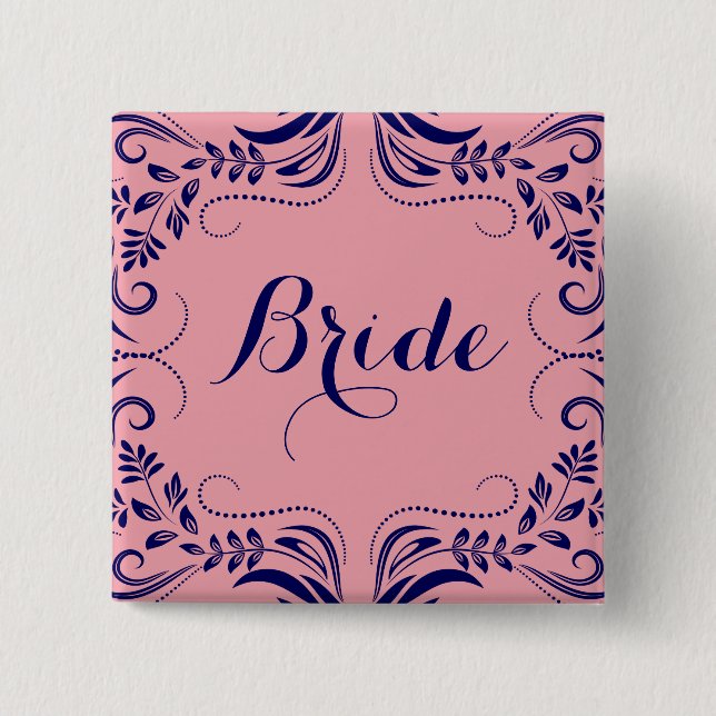 Navy Blue & Pink Floral Frame Bride Button (Front)