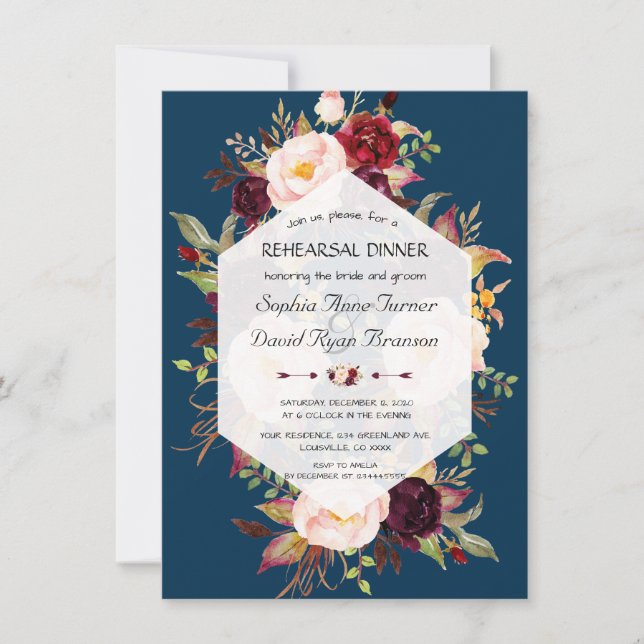 Navy Blue Pink Floral Geometric Rehearsal Dinner Invitation (Front)