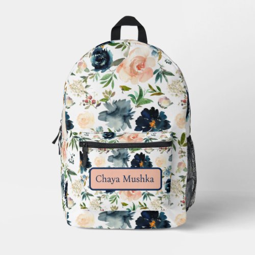 Navy Blue Pink Floral Girly Childs Name Backpack